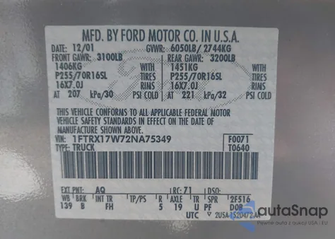 2002 Ford F-150 Lariat/Xl/Xlt из США, поврежденный, VIN 1FTRX17W72NA75349